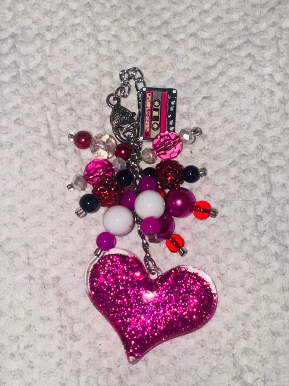 Sparkling Pink Heart & Bead Charm Keychain/ purse fob.